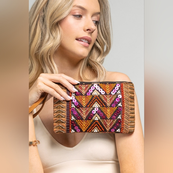 Handmade Hand Beaded & Sequined Wristlet Clutch - Ethnic Inspired Pattern - Picture 6 of 6